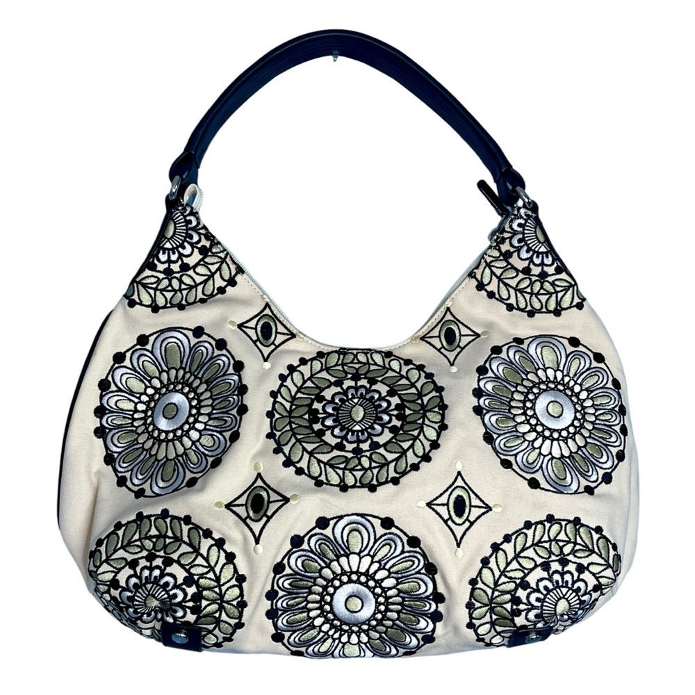 NWOT Talbots Embroidered Ivory Black Hobo Purse Shoulder Bag Leather Strap 15" W